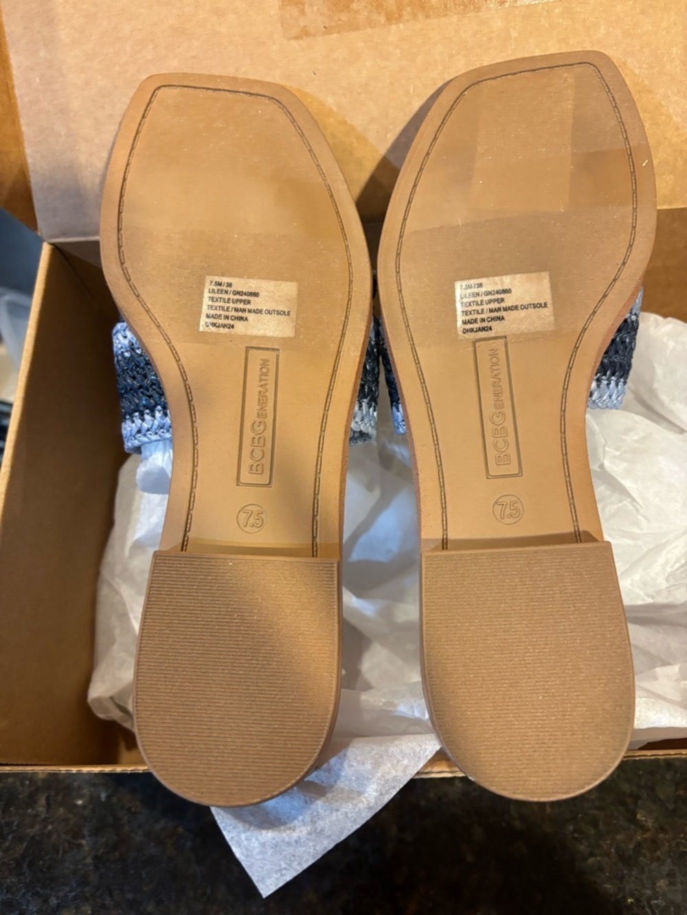 BCBGeneration Blue and Gray Woven Slide Mules with Tan Footbed - Picture 5 of 6